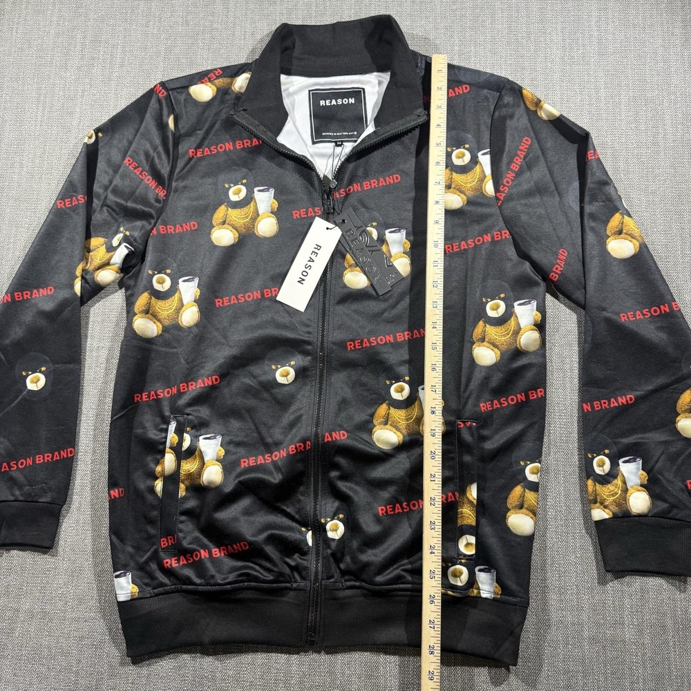 Reason Brand Jacket Mens Medium Black Bear Print Track Full Zip Streetwear - Picture 3 of 6